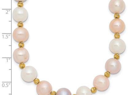 14k 8- Pink/Purple/White Semi-Round Freshwater Cultured Pearl and Diamond-cut Beaded Bracelet