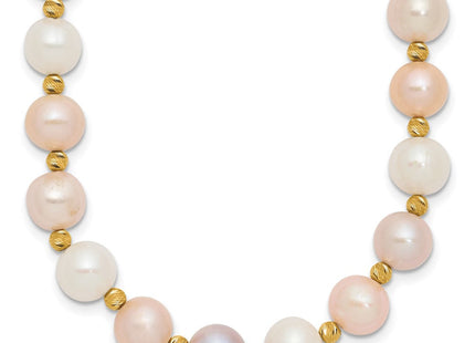 14k 8- Pink/Purple/White Semi-Round Freshwater Cultured Pearl and Diamond-cut Beaded Bracelet