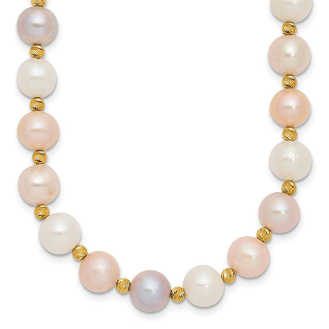 14k 8- Pink/Purple/White Semi-Round Freshwater Cultured Pearl and Diamond-cut Beaded Bracelet