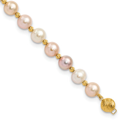 14K Pink/Purple/White Semi-Round Freshwater Cultured Pearl and Diamond-cut Beaded Bracelet