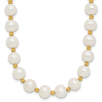 14K White Near-Round Freshwater Cultured Pearl and Diamond-cut Beaded, 18 x 8 to 9mm
