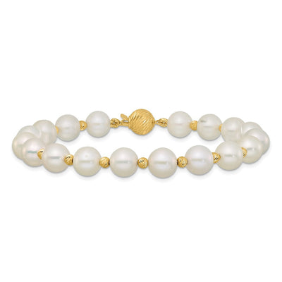 14K White Near-Round Freshwater Cultured Pearl and Diamond-cut Beaded, 18 x 8 to 9mm