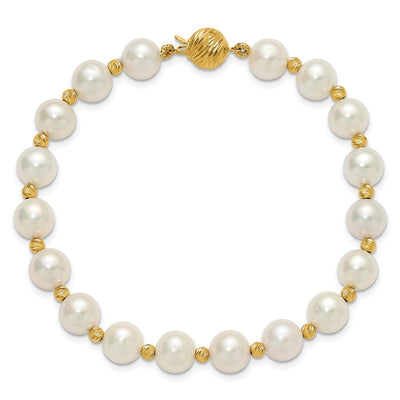 14K White Near-Round Freshwater Cultured Pearl and Diamond-cut Beaded, 18 x 8 to 9mm