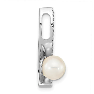 14K White Gold Round White Akoya Saltwater Cultured Pearl and .06 Carat Diamond Chain Slide