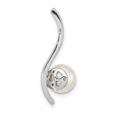14K White Gold Round White Akoya Saltwater Cultured Pearl and .06 Carat Diamond Chain Slide