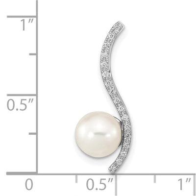 14K White Gold Round White Akoya Saltwater Cultured Pearl and .06 Carat Diamond Chain Slide