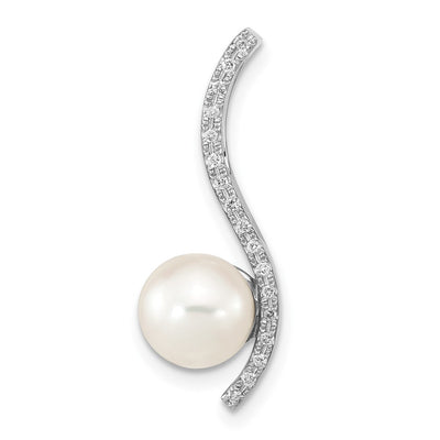 14K White Gold Round White Akoya Saltwater Cultured Pearl and .06 Carat Diamond Chain Slide