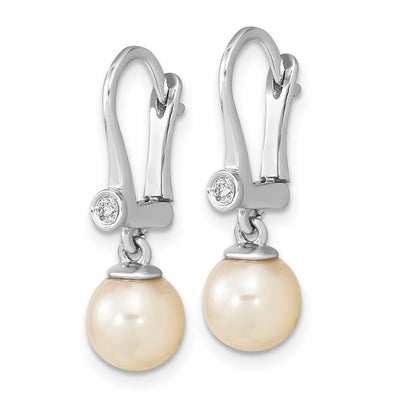 14K White Gold White Round Akoya Saltwater Cultured Pearl and .05 Carat Diamond Dangle Earrings