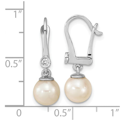 14K White Gold White Round Akoya Saltwater Cultured Pearl and .05 Carat Diamond Dangle Earrings