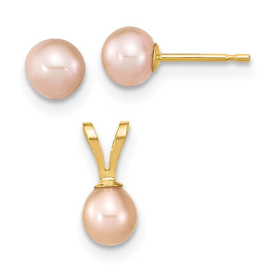 14K Madi K Pink Round Freshwater Cultured Pearl Pendant and Post Earrings Set