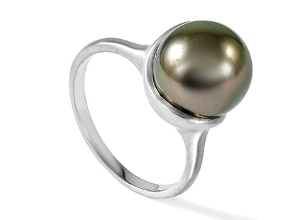 14k White Gold Brushed 10- Round Black Tahitian Saltwater Cultured Pearl Ring