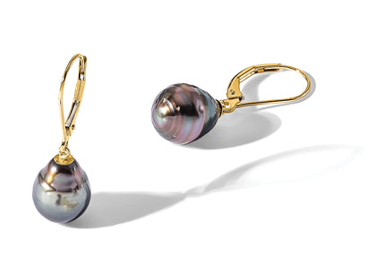 14k 8- Black Teardrop Tahitian Saltwater Cultured Pearl Leverback Dangle Earrings