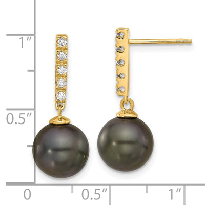 14K Black Round Tahitian Saltwater Cultured Pearl and .20 Carat Diamond Post Dangle Earrings