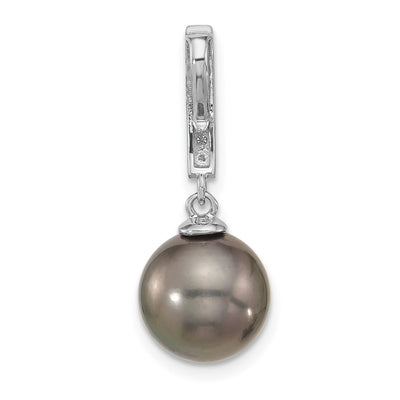 14K White Gold Black Round Tahitian Saltwater Cultured Pearl and .07 Carat Diamond Dangle Chain Slide