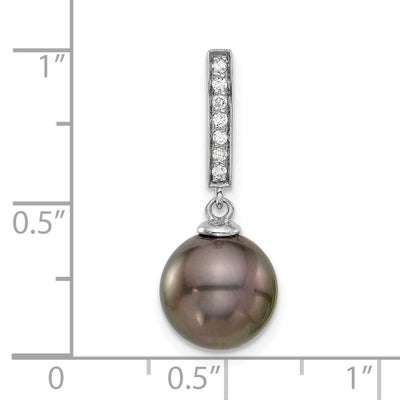 14K White Gold Black Round Tahitian Saltwater Cultured Pearl and .07 Carat Diamond Dangle Chain Slide