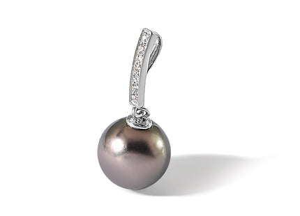 14k White Gold 10- Black Round Tahitian Saltwater Cultured Pearl and .07 Carat Diamond Dangle Chain Slide