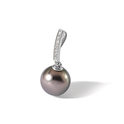 14K White Gold Black Round Tahitian Saltwater Cultured Pearl and .07 Carat Diamond Dangle Chain Slide