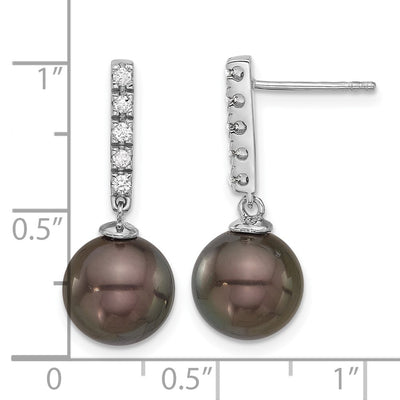 14K White Gold Black Round Tahitian Saltwater Cultured Pearl and .20c Carat Diamond Post Dangle Earrings