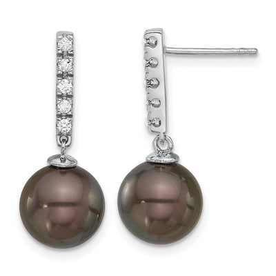 14K White Gold Black Round Tahitian Saltwater Cultured Pearl and .20c Carat Diamond Post Dangle Earrings