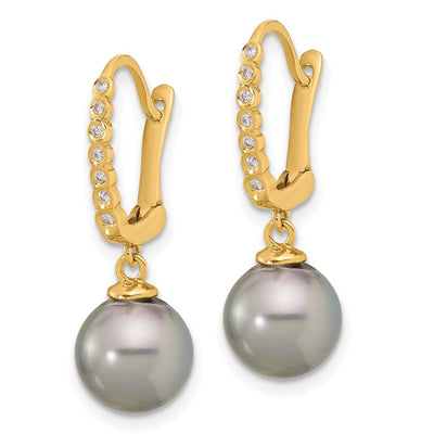 14K Black Round Tahitian Saltwater Cultured Pearl and .07 Carat Diamond Leverback Dangle Earrings