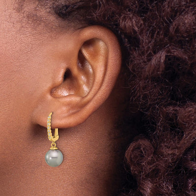 14K Black Round Tahitian Saltwater Cultured Pearl and .07 Carat Diamond Leverback Dangle Earrings