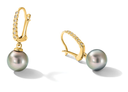 14k 8- Black Round Tahitian Saltwater Cultured Pearl and .07 Carat Diamond Leverback Dangle Earrings