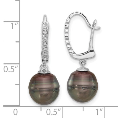 14K White Gold Black Round Tahitian Saltwater Cultured Pearl and .07 Carat Diamond Leverback Dangle Earrings
