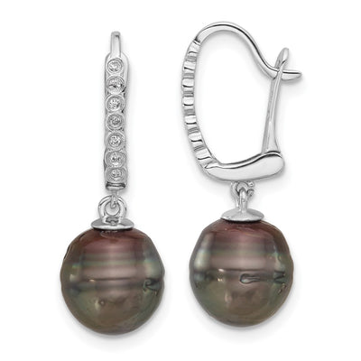 14K White Gold Black Round Tahitian Saltwater Cultured Pearl and .07 Carat Diamond Leverback Dangle Earrings