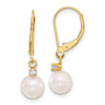 14k 7- White Round Akoya Saltwater Cultured Pearl and .10 Carat Diamond Dangle Leverback Earrings