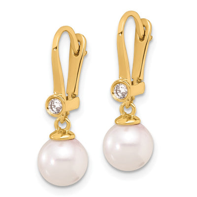 14K White Round Akoya Saltwater Cultured Pearl and .10 Carat Diamond Dangle Earrings