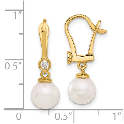 14K White Round Akoya Saltwater Cultured Pearl and .10 Carat Diamond Dangle Earrings