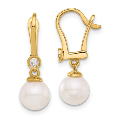14K White Round Akoya Saltwater Cultured Pearl and .10 Carat Diamond Dangle Earrings