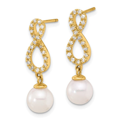 14K White Round Akoya Saltwater Cultured Pearl and .40 Carat Diamond Infinity Post Dangle Earrings