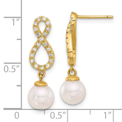 14K White Round Akoya Saltwater Cultured Pearl and .40 Carat Diamond Infinity Post Dangle Earrings