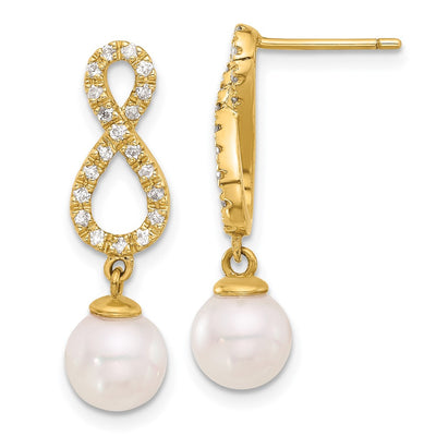 14K White Round Akoya Saltwater Cultured Pearl and .40 Carat Diamond Infinity Post Dangle Earrings