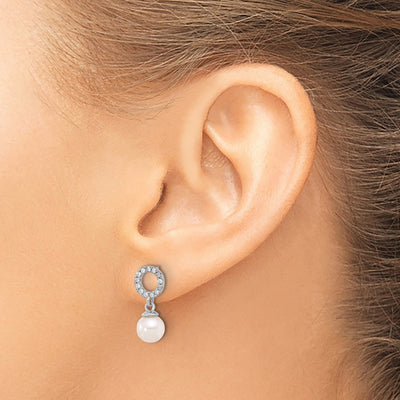 14K White Gold White Round Akoya Saltwater Cultured Pearl and .20 Carat Diamond Post Dangle Earrings