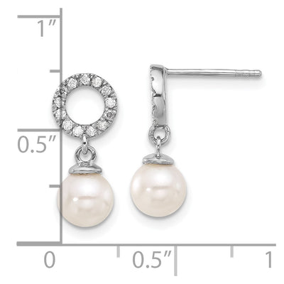 14K White Gold White Round Akoya Saltwater Cultured Pearl and .20 Carat Diamond Post Dangle Earrings
