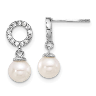 14K White Gold White Round Akoya Saltwater Cultured Pearl and .20 Carat Diamond Post Dangle Earrings
