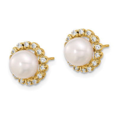 14K White Button Freshwater Cultured Pearl and .28 Carat Diamond Post Earrings