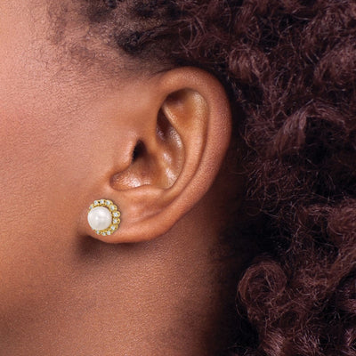14K White Button Freshwater Cultured Pearl and .28 Carat Diamond Post Earrings