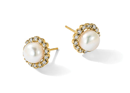 14k 7- White Button Freshwater Cultured Pearl and .28 Carat Diamond Post Earrings