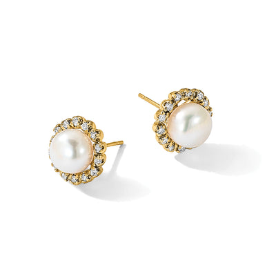 14K White Button Freshwater Cultured Pearl and .28 Carat Diamond Post Earrings