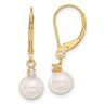 14k 7- White Round Freshwater Cultured Pearl and .10 Carat Diamond Dangle Leverback Earrings