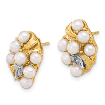 14K White Button Freshwater Cultured Pearl and .02 Carat Diamond Post Earrings