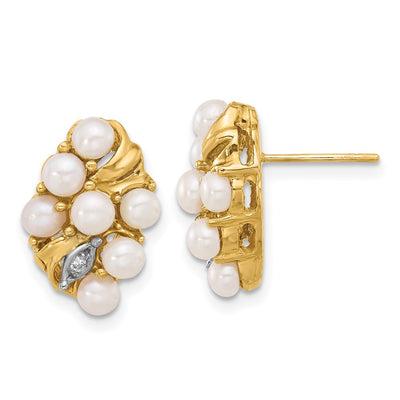14K White Button Freshwater Cultured Pearl and .02 Carat Diamond Post Earrings