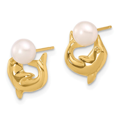 14K White Button Freshwater Cultured Pearl Dolphin Post Earrings