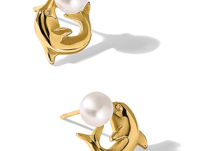 14k 5- White Button Freshwater Cultured Pearl Dolphin Post Earrings