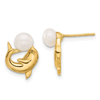 14K White Button Freshwater Cultured Pearl Dolphin Post Earrings