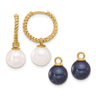 14K Black and White Freshwater Cultured Pearl Removable Dangle Hoop Earrings