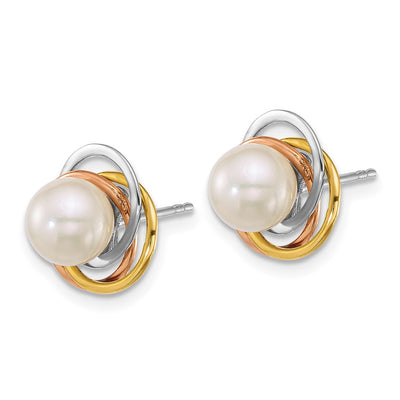 14K Tri-color Polished Round White South Sea Saltwater Cultured Pearl Love Knot Post Earrings